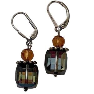 Hand Crafted Sterling Silver Swarovski Olive Green Crystal Cube Drop Earrings